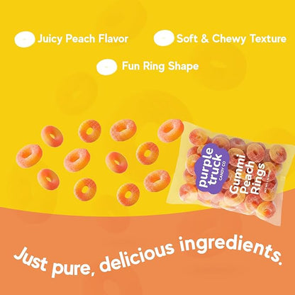 Purple Truck Candy Co. Peach Rings - Soft Chewy Gummy Candy with Delicious Peach Flavor - Allergen-Free Fruit Gummies - Perfect for Parties, Gift Baskets, Candy Buffets, Snacking & Sharing - 1 lb Bag