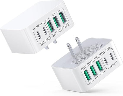 USB C Charger Block Thin Flat 50W 5-Port Wall Charger 2-Pack Type C Fast Charger Cube, PD&QC Wall Plug Power Adapter Compatible for iPhone 14/15/16/17, iPad, Airpods, iwatch, Samsung