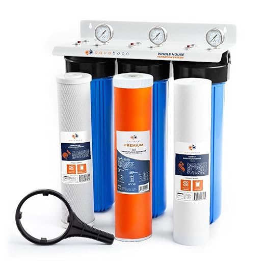 Aquaboon 3-Stage Whole House Water Filtration System with 20" Sediment, KDF, Carbon Filters, Pressure Gauges & Release, Wrench, White Coated Bracket