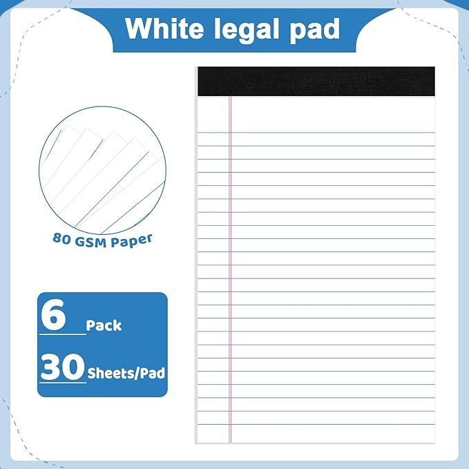 6 Pack Legal Pad 5x8, 180 Sheets Small Note Pad College Ruled Writing Pad Perforated Notepad for School, Office, To-Do Lists Grocery List Shopping List, 30 Sheets White