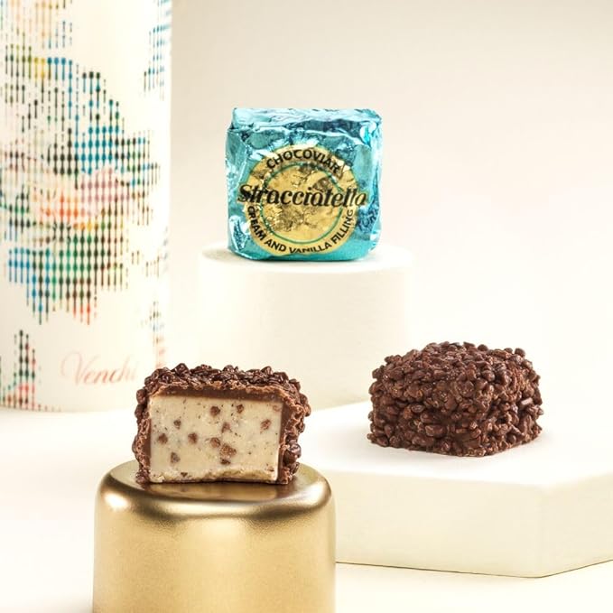 Venchi Chocoviar Stracciatella Chocolate 15-Piece Elegant Gift Box - Milk Chocolate Shell, Creamy Cocoa Nibs and Vanilla Beans Filling & Topped With Chocoviar Micro-pearls - Preservative & Gluten Free