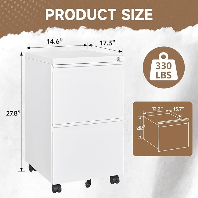 2 Drawer File Cabinet, Small Mobile File Cabinet with Lock, Metal Rolling Filing Cabinets for Letter/Legal/A4 File, Home, Office, White