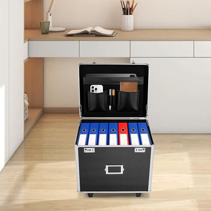 Portable File Box Hand Pull Locking Mobile Business Case with Handle Wheels Modern File Organizer Storage Box with Lock Rolling Wheeled File Cabinet for Office Documents, 19.2 x 15 x 16 Inch Black