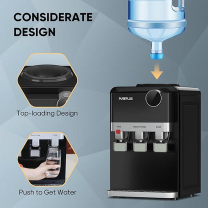 PUREPLUS Top Loading Water Cooler Dispenser, Countertop Water Cooler for 3 or 5 Gallon Bottles, Hot & Cold Water, 3 Temperature Settings, Child Safety Lock, Removable Drip Tray for Home, Office