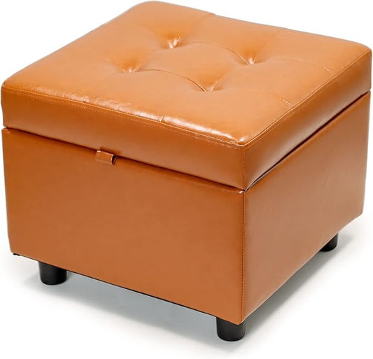 H&B Luxuries Tufted Leather Square Flip Top Storage Ottoman Cube Foot Rest