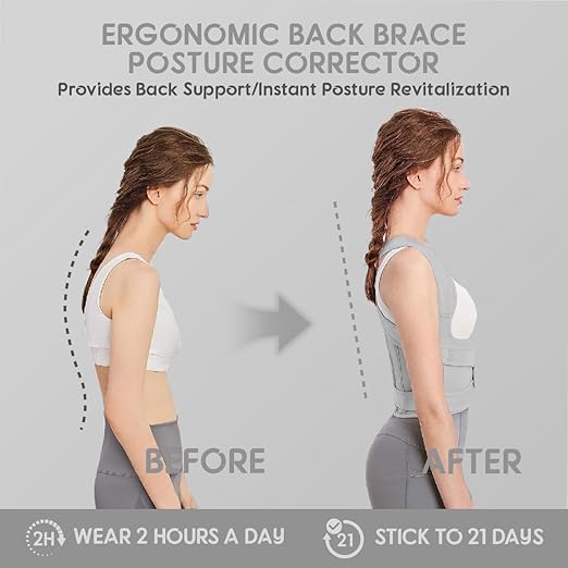 Posture Corrector for Women & Men – Full Back Support Adjustable Back Brace, Shoulder Straightener for Spine Alignment, Upper Back & Back Pain Relief(Grey, Medium)