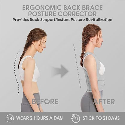 Posture Corrector for Women & Men – Full Back Support Adjustable Back Brace, Shoulder Straightener for Spine Alignment, Upper Back & Back Pain Relief(Grey, Medium)