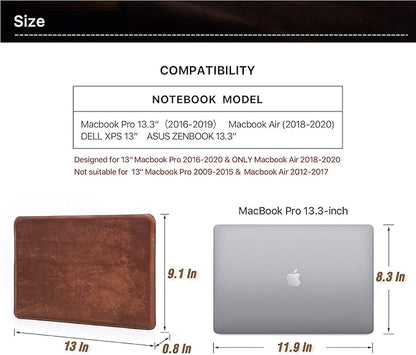 Top Grain Leather 13.3" Slim Laptop Sleeve Protector, Minimalist Vintage Design, Fully Handmade, Compatible with MacBook Pro 13.3" MacBook Air 2022 DELL XPS 13" & Other PC, Brown 13.3 Inch