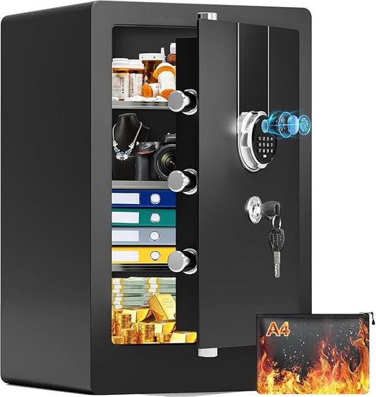 5.1 Cuft Large Biometric Fireproof Safe for Home Use, Quick-Access Fingerprint Safe Box with Fireproof Document Bag, 3 Removable Shelves and Dual Alert, Security Safety Box for Home Office