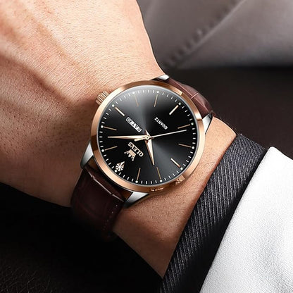 OLEVS Mens Watches, Dress Waterproof Classic Analog Casual Luxury Wrist Watch for Men with Date, Easy to Read Relojes para Hombres Male Quartz Wristwatch with Brown Black Leather Band Blue Black Dial