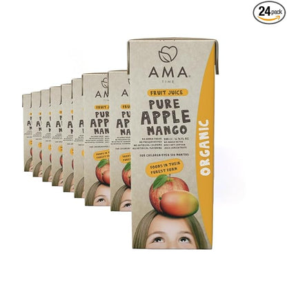 AMA TIME Organic Apple & Mango Juice Boxes for Kids, 24 Pack | 6.76 fl oz Each | USDA Organic Juice with Vitamins A & C | No Added Sugar, Gluten-Free, Lunchbox & Snack Box Drinks