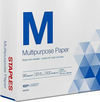 Staples Multipurpose Laser Inkjet Copy Paper, 8 1/2 Inch x 14 Legal Size, 20 lb., 96 Bright White, ColorLok, Ream, 500 Total Sheets (562787)