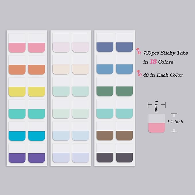 Lumintutu 18 Colors 720pcs Sticky Index Tabs, Medium Book Annotation Tabs Repositionable Page Markers Labels for Notebooks, Bible, Binder, File Folder, Planner and Journaling Supplies (1×1.1 Inch)