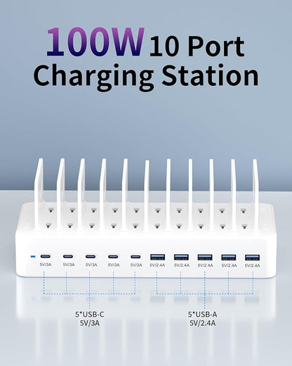 100W Charging Station for Multiple Devices, 10-Port USB Fast Charging Station with Adjustable Dividers & 10 Cables- Multi Device Organizer Charging Dock for iPhone, iPad, Tablets & More(White)