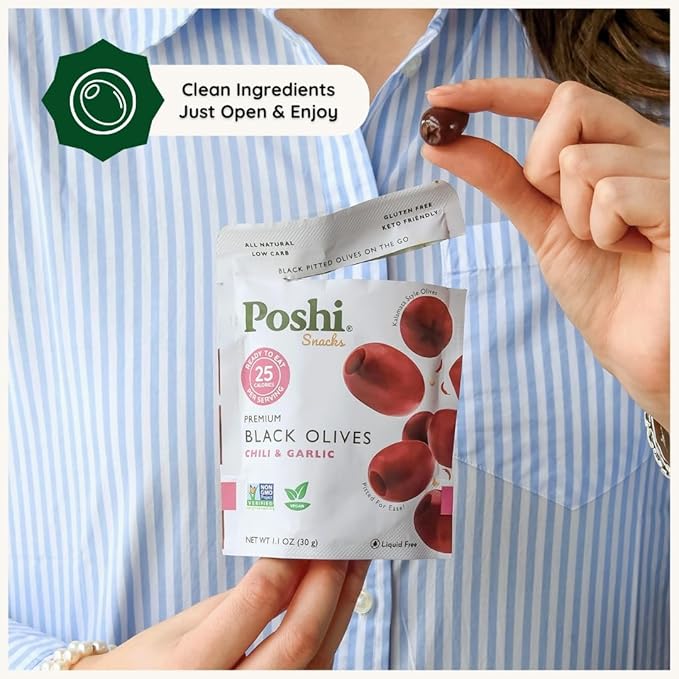 POSHI Black Pitted Pitted Olives - Chili & Garlic | Vegan, Kosher, Gluten Free + Keto Friendly, Fresh, All Natural Low Calorie Healthy Snacks | (30 Pack, 1.1oz Bags)