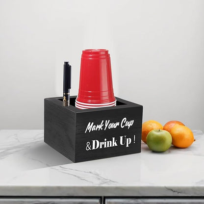 Wooden Cup Holder - Party Cup Holder with Marker Slot, for Party and Wedding, Rustic Disposable for Bar, Kitchen, Countertop, Home & Office, Black