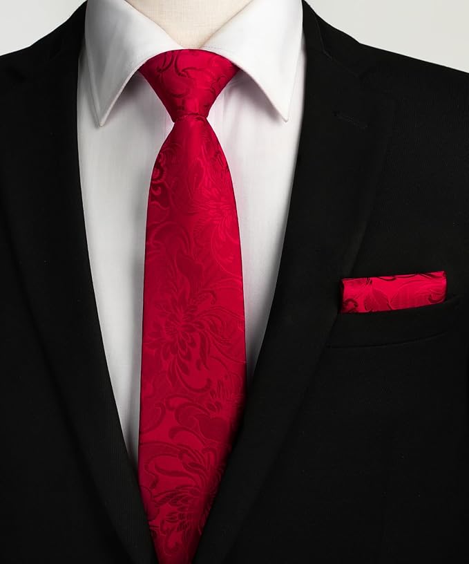 HISDERN Men Floral Ties Woven Classic 3.4" Necktie Set Formal Tie Pocket Square for Wedding with Handkerchief Gift Box