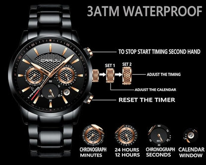 CRRJU Men's Business Casual Chronograph Quartz Waterproof Wristwatch Black Leather Strap