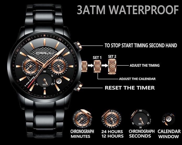 CRRJU Men's Business Casual Chronograph Quartz Waterproof Wristwatch Black Leather Strap