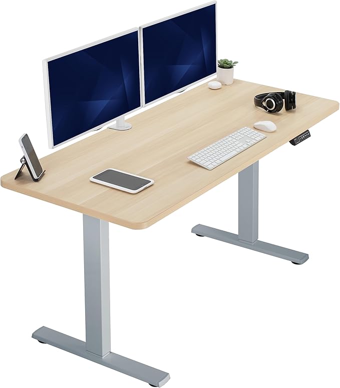 VIVO Electric 60 x 24 in Standing Desk, Memory Height Adjustment, 1B Series, One-Piece Light Wood Top, Gray Frame, DESK-KIT-1G6C