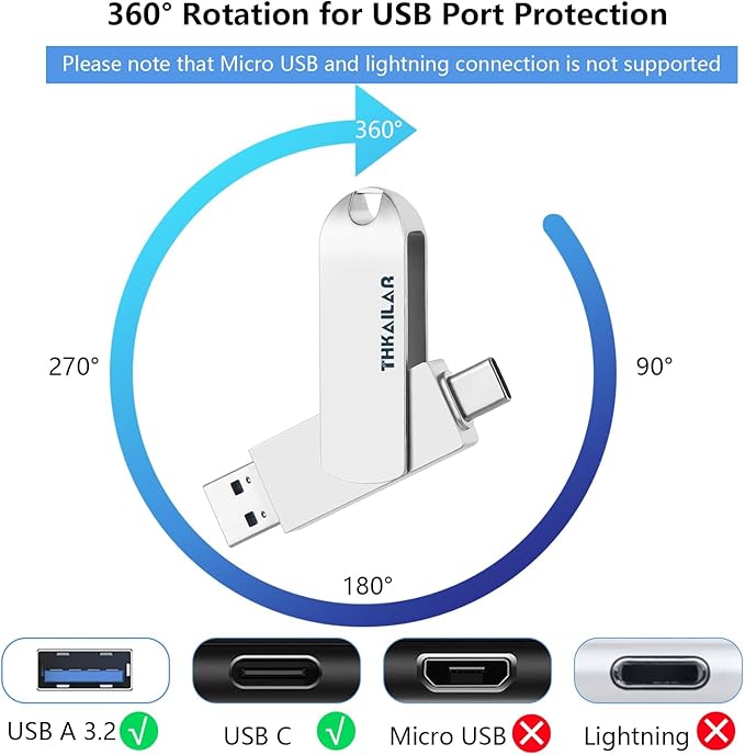 Thkailar USB C Flash Drive 1TB,2 in 1 USB A to Type C Thumb Drive, Read Up to 500MB/s Memory Stick Dual Ports,USB 3.2 Flash Drive for iPhone 15/16/17, Android Phone,Computer,MacBook,Tablet,Laptop