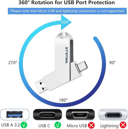 Thkailar USB C Flash Drive 1TB,2 in 1 USB A to Type C Thumb Drive, Read Up to 500MB/s Memory Stick Dual Ports,USB 3.2 Flash Drive for iPhone 15/16/17, Android Phone,Computer,MacBook,Tablet,Laptop