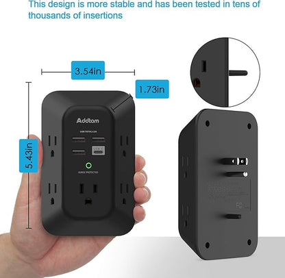 2 Pack Addtam USB Wall Charger Surge Protector, 5 Outlet Extender with 4 USB Charging Ports (1 USB C Outlet) 3 Sided 1800J Power Strip Multi Plug Outlets, Wall Adapter Spaced for Home Office, Black
