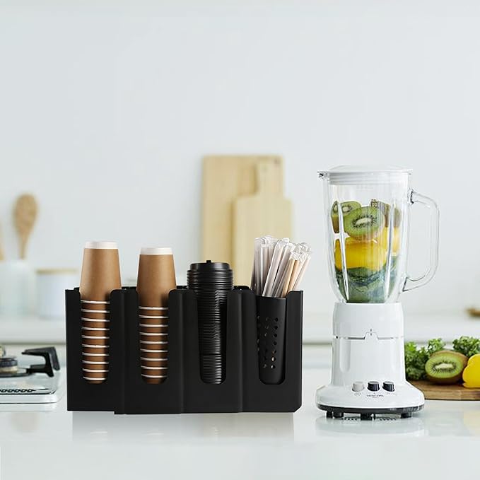 Paper Cup and Lid Holder with Straw Organizer, Disposable Coffee Cup Dispenser for Countertop Coffee Station Bar Restaurant Breakroom, Black