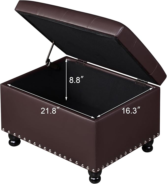 Adeco 23" Faux Leather Storage Ottoman Bench, Dark Brown Rectangular Ottoman Bench