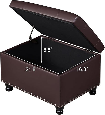 Adeco 23" Faux Leather Storage Ottoman Bench, Dark Brown Rectangular Ottoman Bench