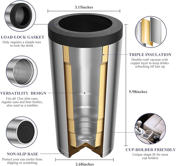 4 in 1 Insulated Slim Can Cooler for 12 OZ Cans and Beer Bottle - Keep 8 Hours Cold, Easy to Hold - Stainless Steel Can Holder, Double Walled Can Insulator for Hard Seltzer and More (Stainless Steel)