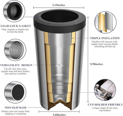 4 in 1 Insulated Slim Can Cooler for 12 OZ Cans and Beer Bottle - Keep 8 Hours Cold, Easy to Hold - Stainless Steel Can Holder, Double Walled Can Insulator for Hard Seltzer and More (Stainless Steel)