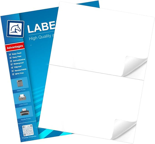 5-1/2" x 8-1/2" Half Sheet Labels, 200 Blank White Matte Finish Printable Inkjet/Laser Printer Labels