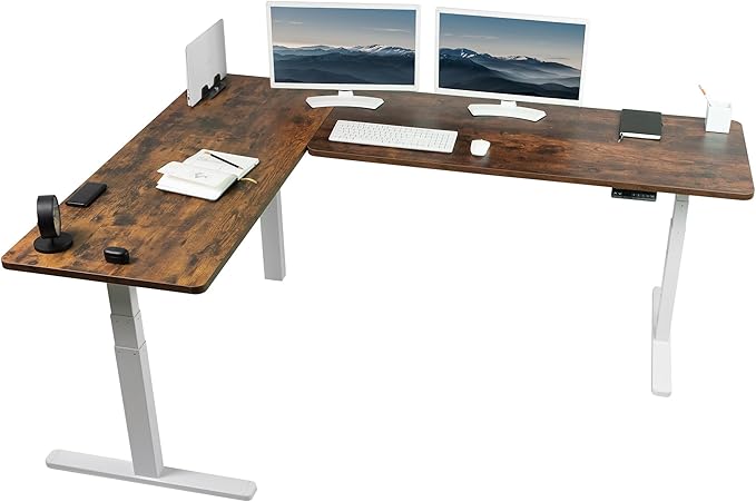VIVO Electric Height Adjustable 83 x 60 inch Corner Stand Up Desk, 2 Rustic Vintage Brown Solid Table Tops, White Frame, Memory Controller, L-Shaped Workstation, 3E Series, DESK-KIT-3E8WN