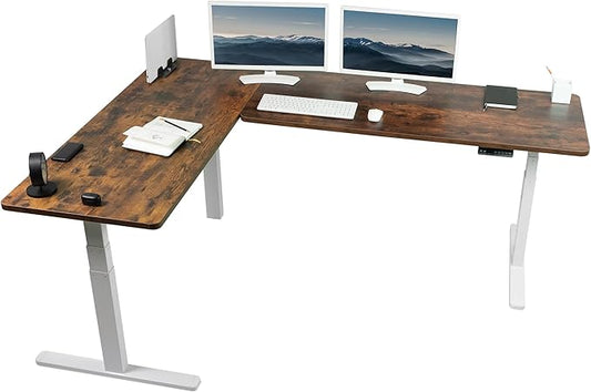 VIVO Electric Height Adjustable 83 x 60 inch Corner Stand Up Desk, 2 Rustic Vintage Brown Solid Table Tops, White Frame, Memory Controller, L-Shaped Workstation, 3E Series, DESK-KIT-3E8WN