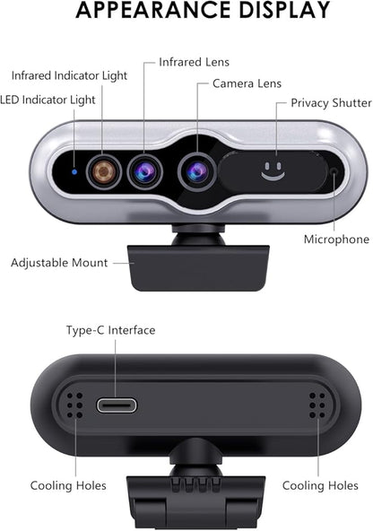 2K HD Webcam with Infrared Windows Hello Facial Recognition, Computer Camera, Privacy Cover, Noise Canceling Microphones, Laptop Webcam For Video Conferencing, Live, Streaming, Online Learning