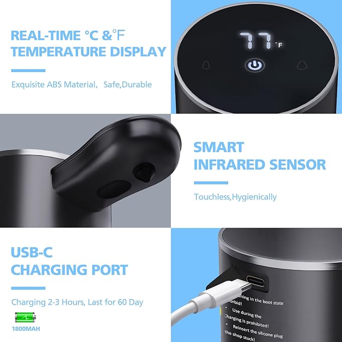 Automatic Liquid Soap Dispenser, 15.55 oz/460mL USB C Rechargeable Soap Dispenser, 5 Adjust Volume Touchless Hand Sanitizer Dispenser, Motion Sensor Waterproof Pump for Bathroom Kitchen (Black)