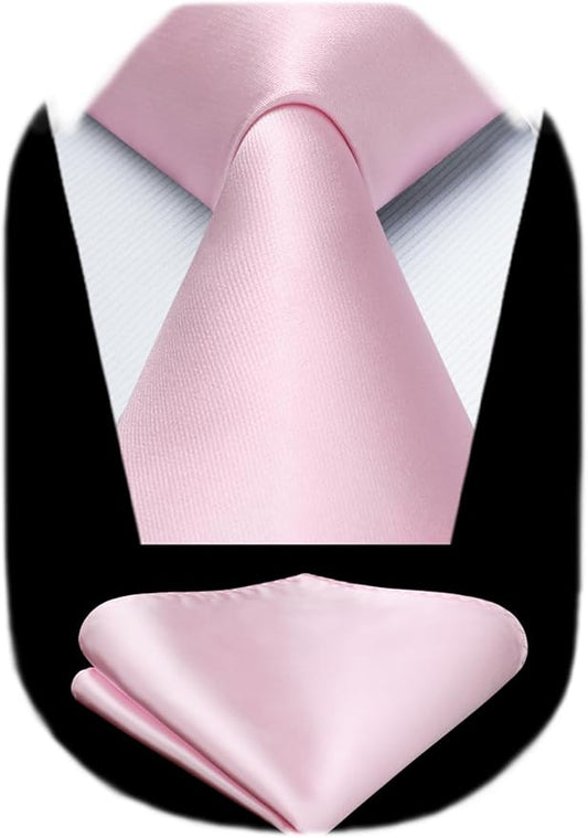 HISDERN Mens Solid Color Ties Formal Satin Necktie and Pocket Square Set Classic Wedding Business Tie & Handkerchief