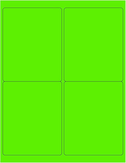 8-1/2 x 11 Neon Color High Light Fluorescent Labels for Laser & Inkjet Printer (Green Fluorescent, 4 x 5-4 Per Page | 100 Labels)