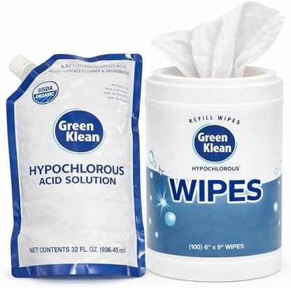 Hypochlorous Acid Wipes Starter Kit – 100 Count Dry Wipes with 32 oz Organic HOCl Cleaning Solution– Disinfecting Wipes for Skin, Baby, Pet & Home in a Reusable Container