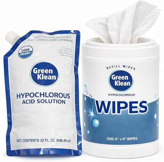 Hypochlorous Acid Wipes Starter Kit – 100 Count Dry Wipes with 32 oz Organic HOCl Cleaning Solution– Disinfecting Wipes for Skin, Baby, Pet & Home in a Reusable Container