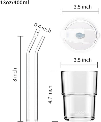 13oz/400ml Glass Water Tumbler with Straw and Lid Sealed Carry On Thick Wall Iced Coffee Cup Glass Cup for Water, Iced Tea Fruit Juice Etc (White-2Pack)