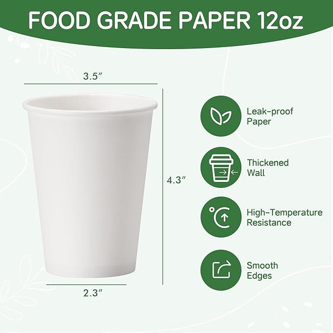 Coffee Cups 12 oz 300 Pack, 12 oz Paper Cups, Hot Beverage Drinking Cups, White Paper Hot Disposable Coffee Cups, Suitable for Party, Picnic, Travel, and Events