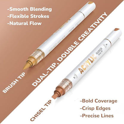 Guangna 12 Brown Dual Tip Acrylic Paint Markers, Brush Tip & Chisel Tip Acrylic Paint Pens for Pumpkin Paint, Rock, Wood, Glass, Paper, Coloring Book, Ceramic, Canvas, Water-Based Ink