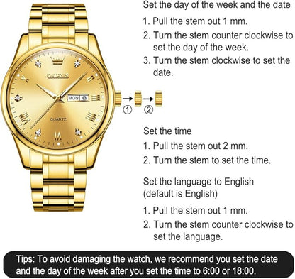 Men's Casual Stainless Steel Watch, Big Face Easy to Read Analog Quartz Watch with Day and Date, Classic Waterproof Diamond Roman Arabic Numerals Dial Dress Watch for Men, Gold Silver Black Band