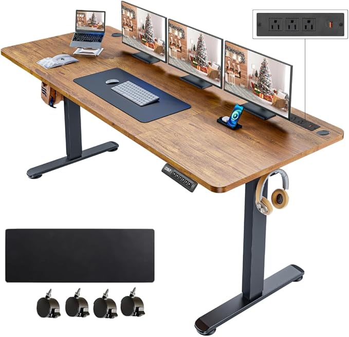 Electric Standing Desk 63 x 24 Inches Adjustable Height Sit Stand Up Desk for Home Office Computer Workstation with 2 USB Ports 3 AC Power Outlets Memory Preset and Wheels,Brown