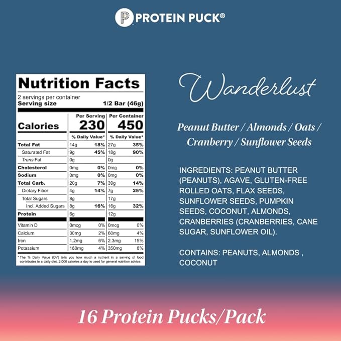Protein Puck Plant Based Bars | Snacks with Vegan Protein | 16 Count | 3.25 oz Full Size | Gluten Free, Non Dairy, Kosher Certified Non GMO Premium Healthy Bars | Wanderlust