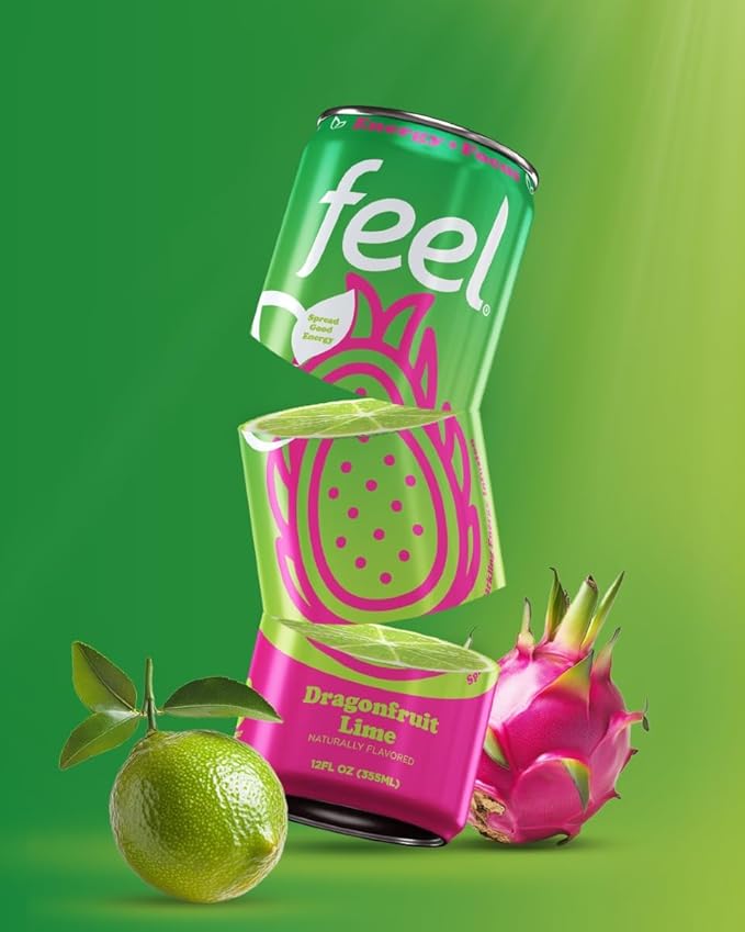 FEEL Zero Sugar Natural Energy Drink – Dragonfruit Lime, 140 mg Plant-Based Caffeine with L-Theanine for Focus & Vitamin C for Immunity, Vegan, Non-GMO, No Artificial Sweeteners, 12 Fl Oz Cans (12-Pack)