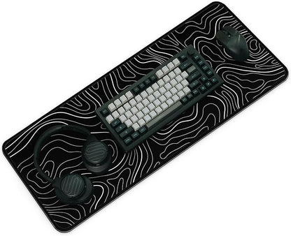 Large Computer Mouse Pad with Non-Slip Base for Desktop, Cute Gaming Mouse Mat with Stitched Edges, Long Extended Anime Mousepad for Laptop, 31.5 x 11.8 inches (Black Topographic Map)