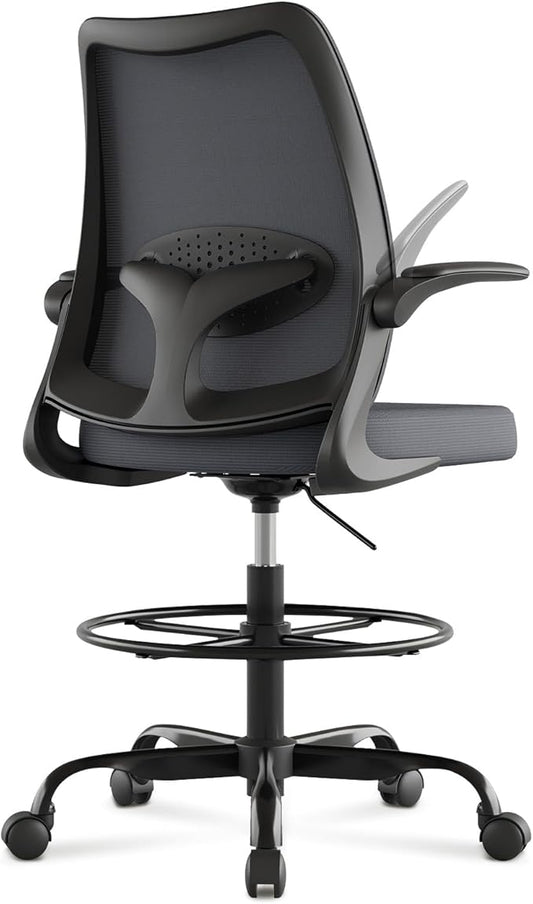 Tall Office Chair for Standing Desks,High Desk Drafting Chair with Adjustable Footrest Ring,Ergonomic Lumbar Support,Flip-Up Armrests for Home Office,Grey